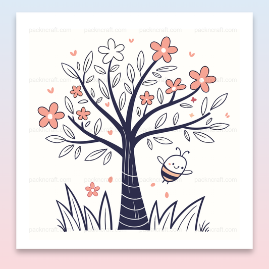 Illustration kawaii d'une abeille enjouée avec un arbre fleuri pour projets printaniers