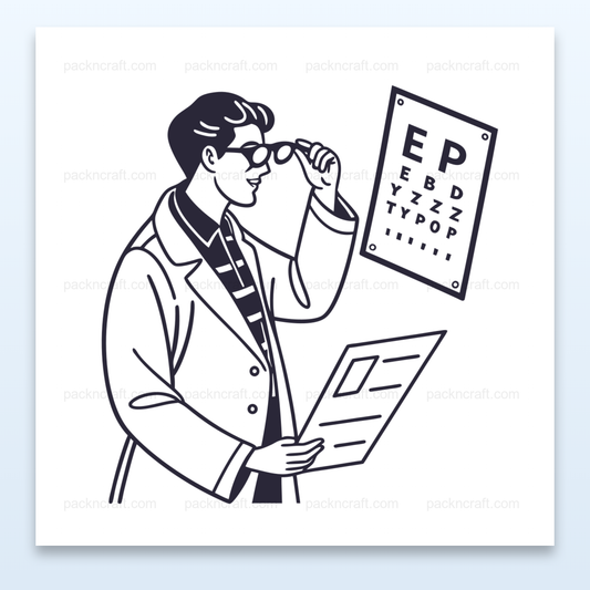 SVG opticien avec lunettes et charte de vision, idéal pour l'éducation., Illustration de lunetier en action avec graphique, style vintage., Opticien vérifiant la vision, adapté pour tasses et accessoires., Graphique d'opticien sur t-shirt, parfait pour les amateurs de vintage., Autocollant opticien élégant pour décorer et personnaliser.