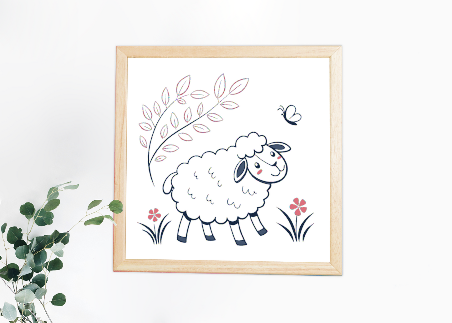 Cadre avec un dessin de mouton enjoué, ambiance douce et printanière
