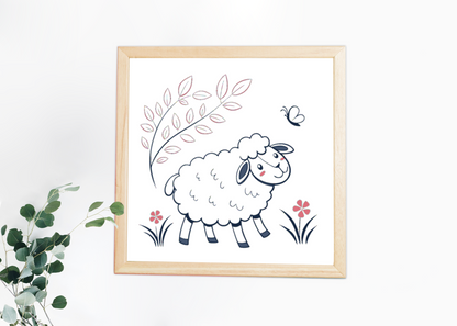 Cadre avec un dessin de mouton enjoué, ambiance douce et printanière