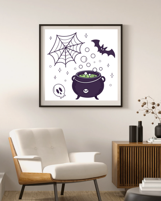 Cadre au style envoûtant décoré d'un chaudron magique, idéal pour Halloween