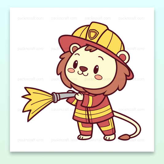 Illustration SVG d'un lion pompier kawaii, idéale pour projets DIY et déco.