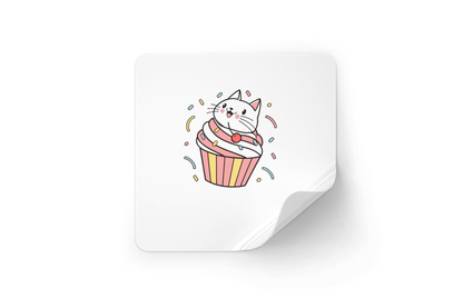 Sticker kawaii avec chat joueur et cupcake ambiance fête gourmande