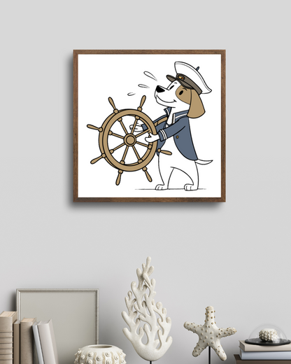 Cadre décoratif avec un chien capitaine cartoon à la barre, ambiance aventure nautique