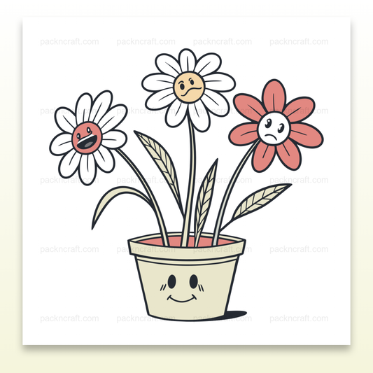 Illustration de fleurs dans un pot avec expressions émotionnelles pour usages créatifs