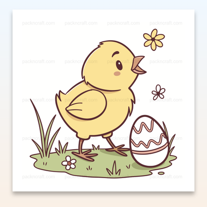 Illustration kawaii de poussin curieux avec un œuf décoré, parfaite pour Pâques.