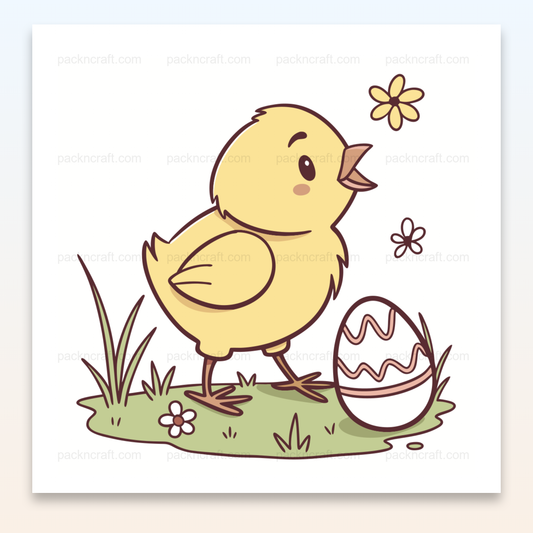 Illustration kawaii de poussin curieux avec un œuf décoré, parfaite pour Pâques.