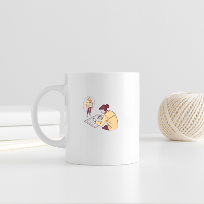 Styliste créant des modèles sur un mug pour inspirer les amateurs de mode., Design mode sur un t-shirt, parfait pour les stylistes en herbe., Illustratrice dessinant des modèles vintage, idéal pour la déco., Croquis de mode encadré, apportant une touche artistique., Sticker de styliste dessinant, élément décoratif tendance.