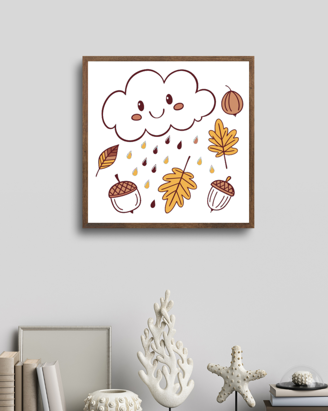 Cadre décoré d'un nuage souriant d'automne avec des feuilles, style kawaii charmant