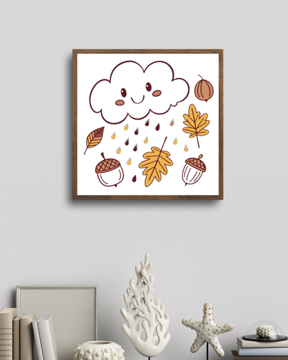 Cadre décoré d'un nuage souriant d'automne avec des feuilles, style kawaii charmant