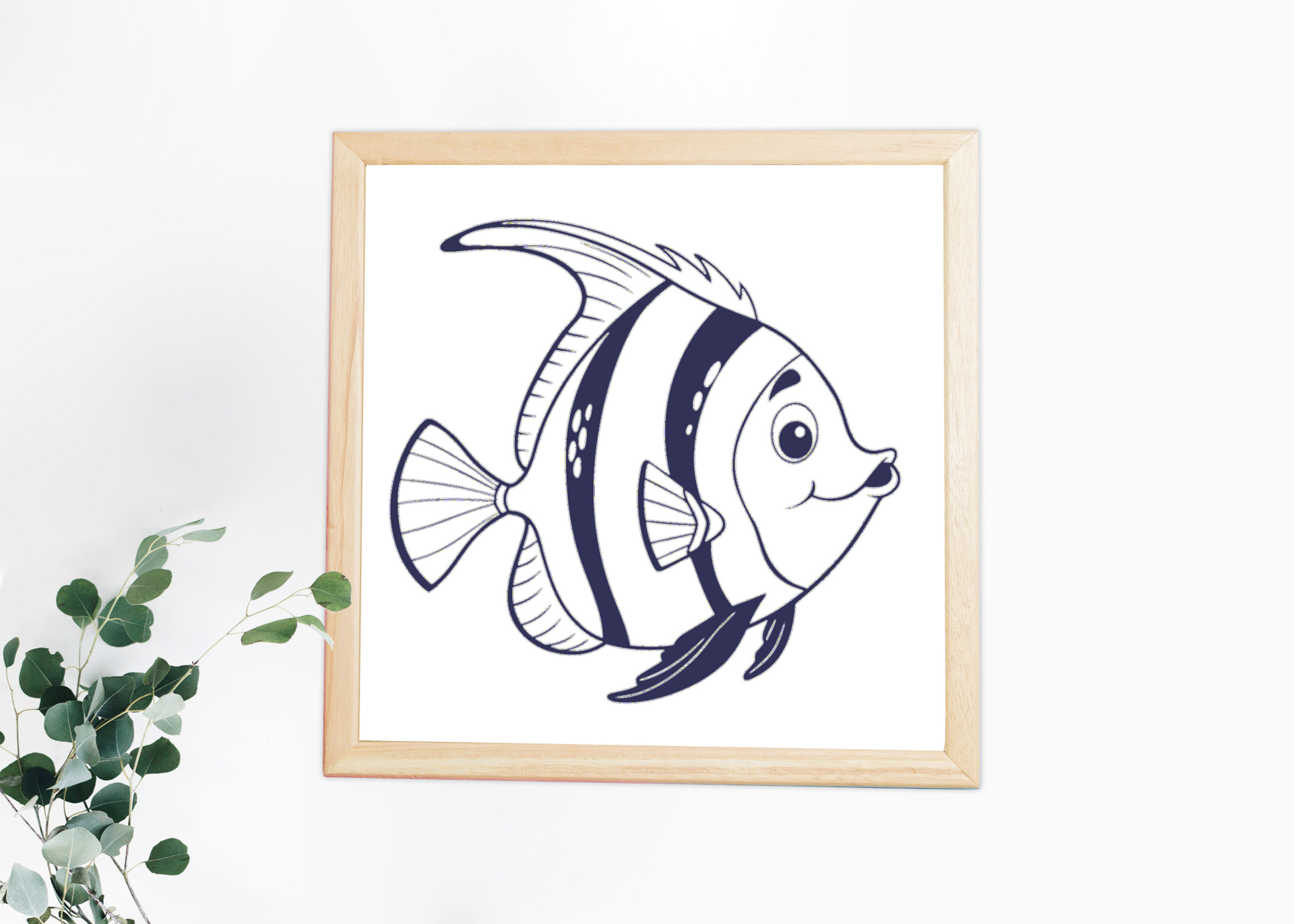 Cadre avec un poisson souriant dans un style minimaliste océanique