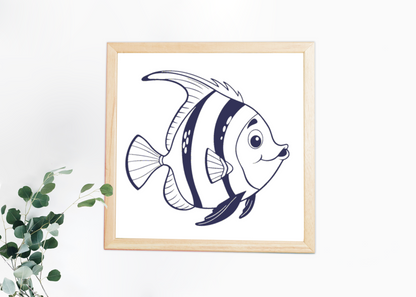 Cadre avec un poisson souriant dans un style minimaliste océanique