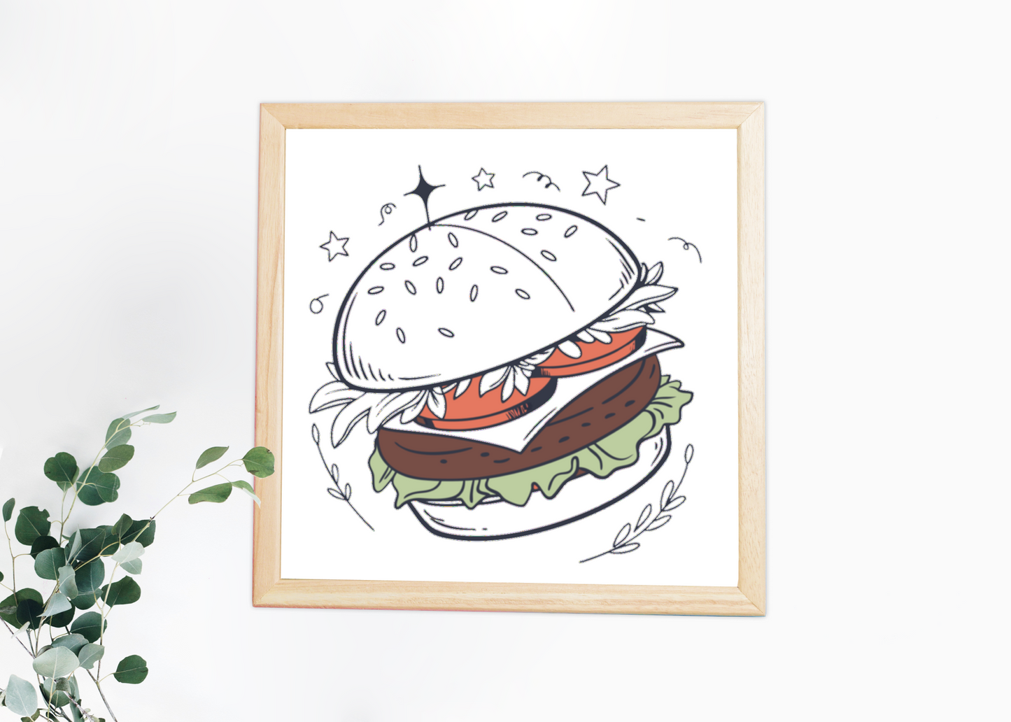 Cadre avec burger stylisé en couleurs pastel, parfait pour les amateurs de gourmandises