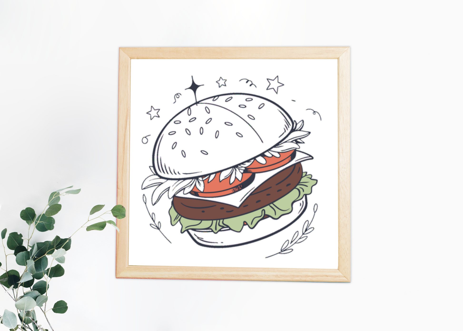 Cadre avec burger stylisé en couleurs pastel, parfait pour les amateurs de gourmandises