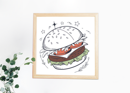 Cadre avec burger stylisé en couleurs pastel, parfait pour les amateurs de gourmandises