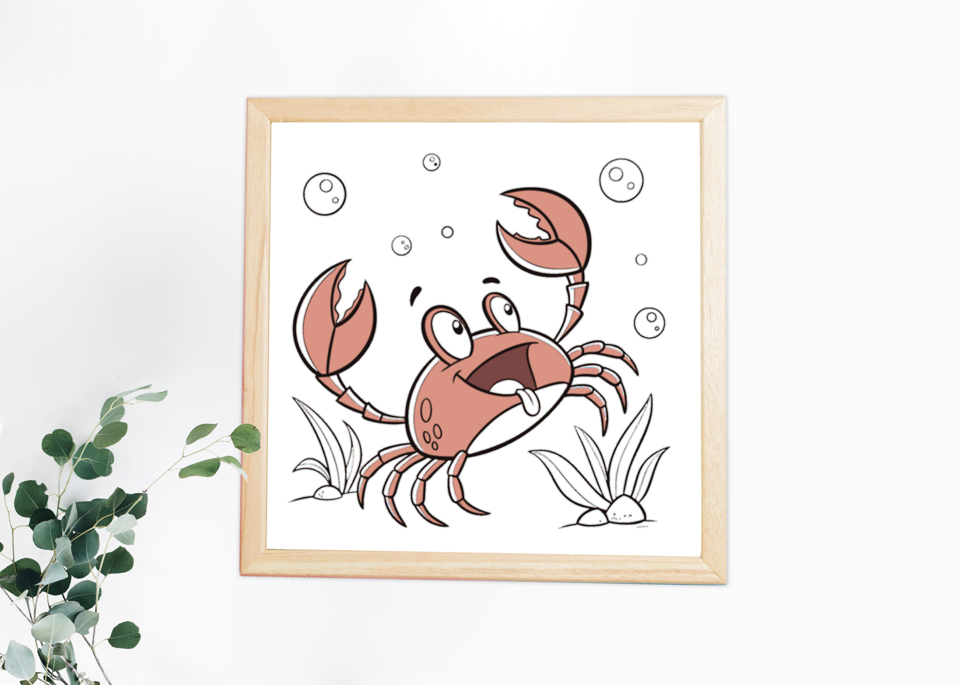 Cadre avec crabe souriant style cartoon humoristique sur fond marin