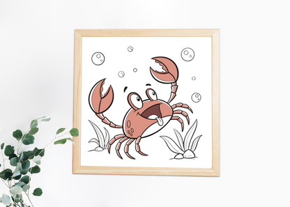 Cadre avec crabe souriant style cartoon humoristique sur fond marin