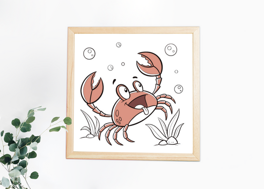 Cadre avec crabe souriant style cartoon humoristique sur fond marin