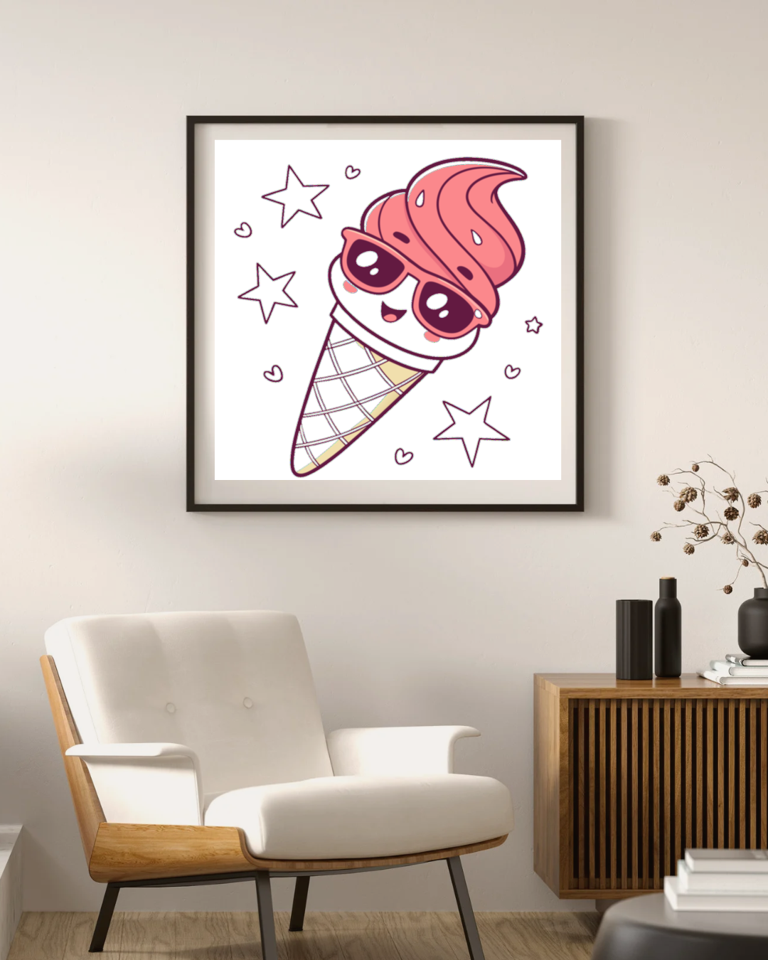 Cadre estival lumineux avec dessin d'un cornet de glace vectoriel coloré