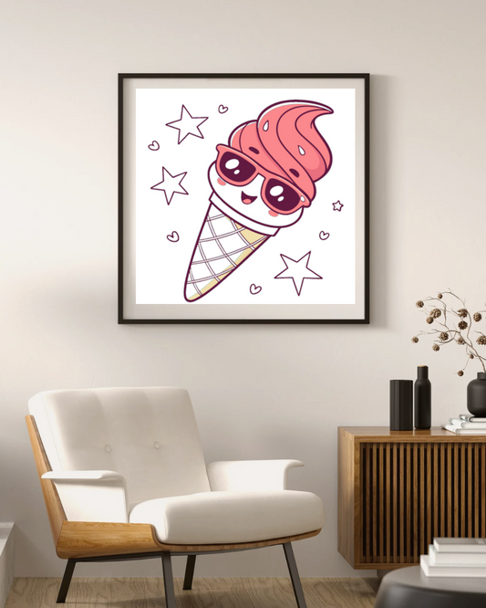 Cadre estival lumineux avec dessin d'un cornet de glace vectoriel coloré