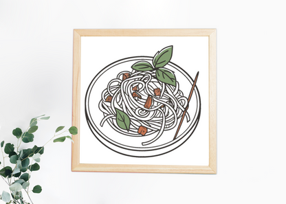 Cadre avec icône de spaghetti savoureux en style dessin pour cuisine italienne