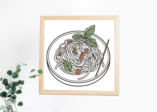 Cadre avec icône de spaghetti savoureux en style dessin pour cuisine italienne