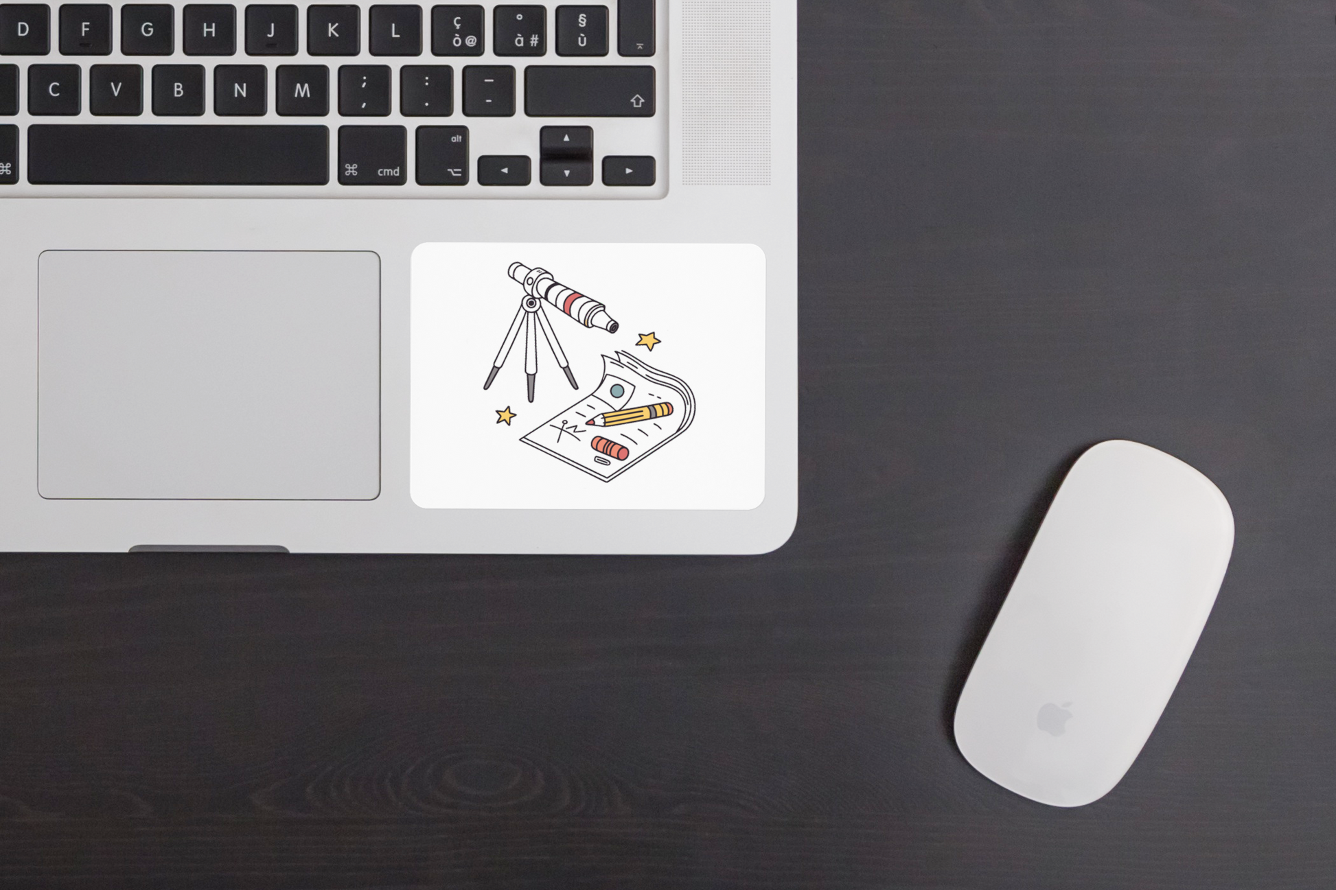 Sticker avec télescope et planètes dans un style doodle accentuant l'astronomie