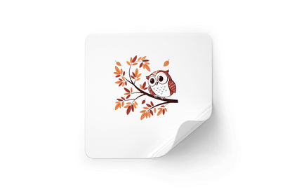 Sticker avec un hibou vintage perché sur une branche dans un décor automnal
