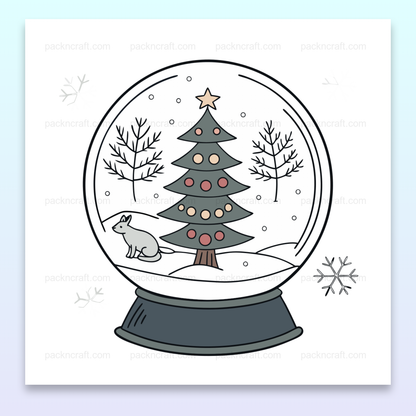 Illustration de renard curieux dans une boule de neige pour Noël, utilisable en papeterie et décorations.