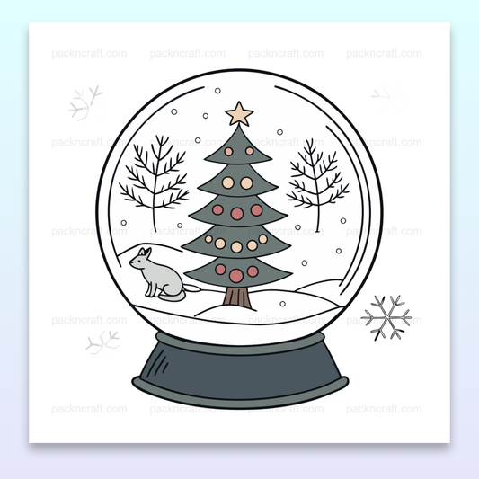 Illustration de renard curieux dans une boule de neige pour Noël, utilisable en papeterie et décorations.