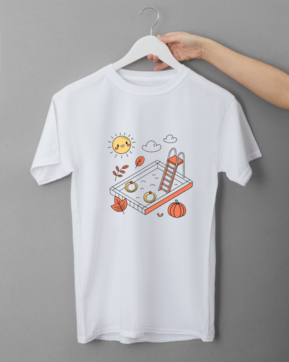T-shirt avec un motif estival de soleil souriant et éclaboussures d'eau