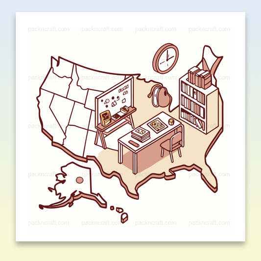 Illustration éducative de la carte des USA stylisée en salle de classe, format numérique