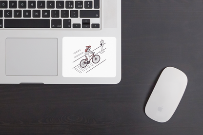 Sticker urbain affichant un cycliste minimaliste sur thème transport, design épuré