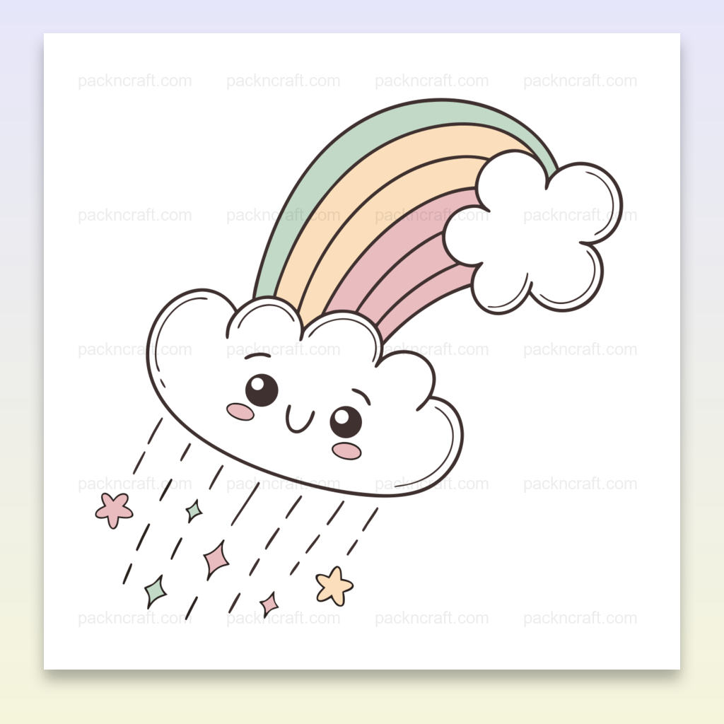 Illustration kawaii d'un nuage souriant avec arc-en-ciel, parfaite pour projets éducatifs et DIY.