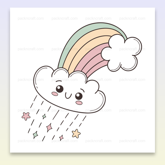 Illustration kawaii d'un nuage souriant avec arc-en-ciel, parfaite pour projets éducatifs et DIY.
