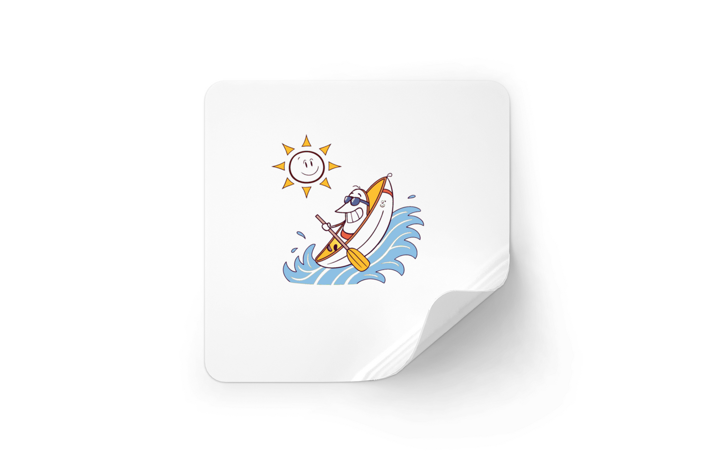 Sticker avec cartoon de banane kayakiste riant, idéal pour une aventure nautique