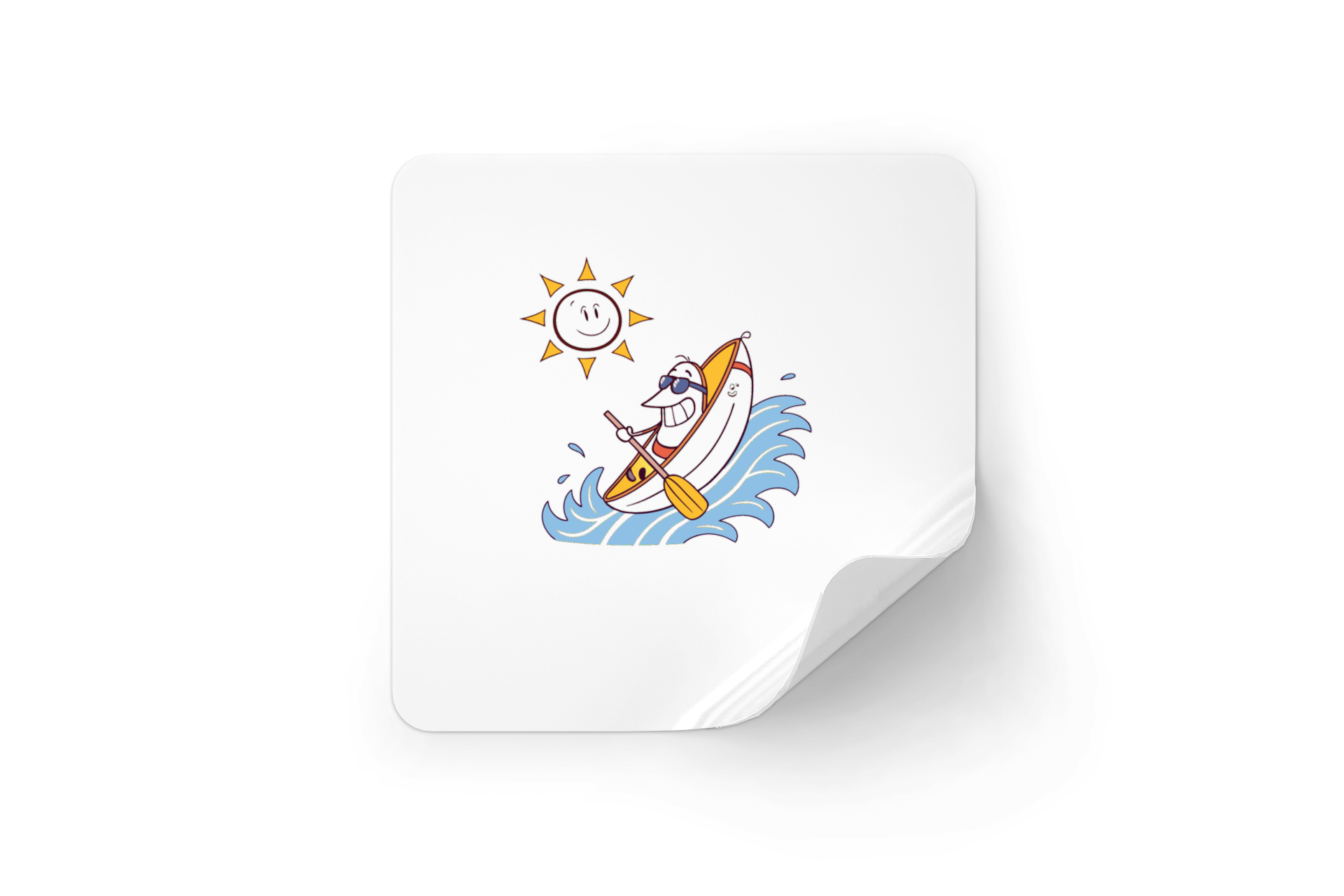 Sticker avec cartoon de banane kayakiste riant, idéal pour une aventure nautique