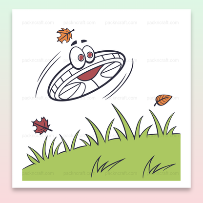 Frisbee souriant en vol dans un style doodle, idéal pour stickers et déco.