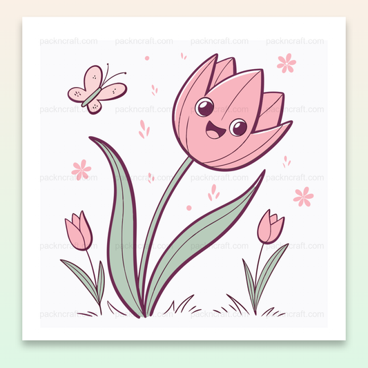 Illustration vectorielle pastel d'une tulipe souriante avec papillon pour projets créatifs