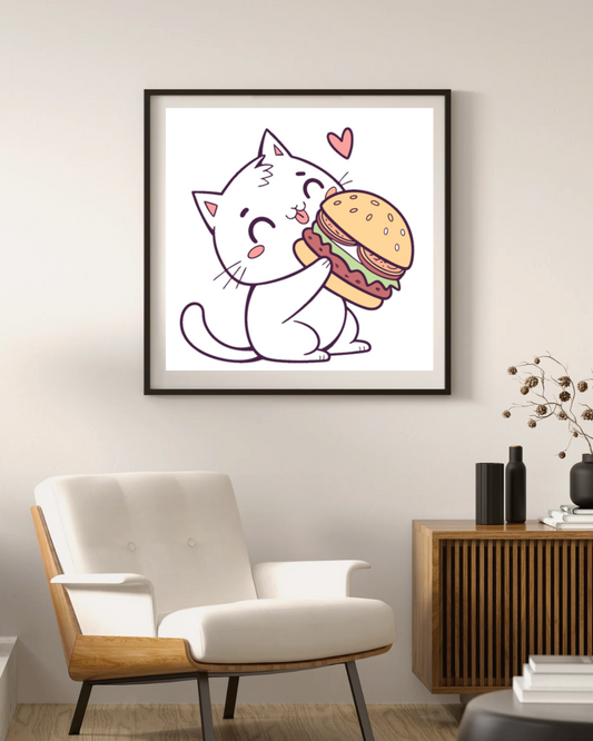 Cadre avec chat kawaii câlinant un burger joyeux dans un style décoratif charmant