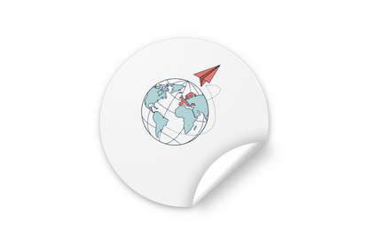 Sticker avec icône globe et avion papier minimaliste pour voyageurs curieux