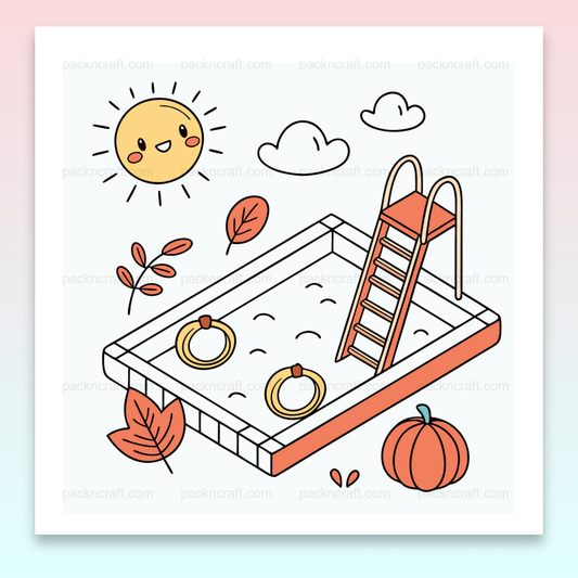 Illustration estivale avec un soleil joyeux et une piscine, utilisable en décoration et papeterie.