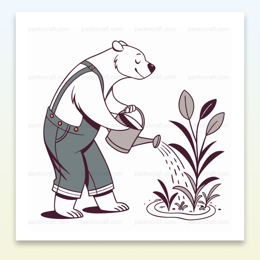Illustration minimaliste SVG d'un ours arrosant des plantes pour projet déco