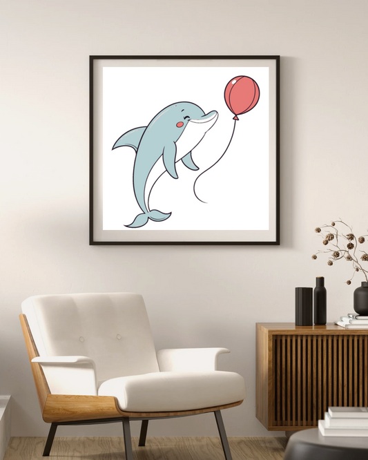 Cadre avec dauphin joueur et ballon dans un style doux et une ambiance marine