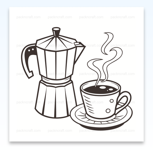 Illustration monochrome de cafetière italienne et tasse pour déco rétro et projets DIY.