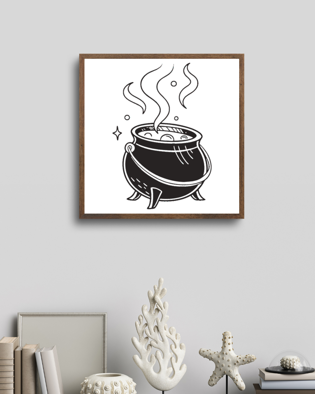 Cadre avec un chaudron magique fumant Halloween, design doodle sur fond épuré