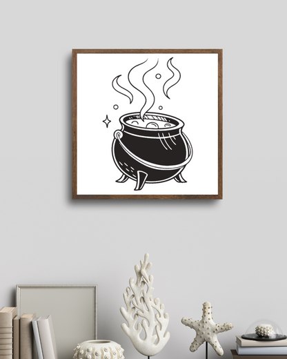 Cadre avec un chaudron magique fumant Halloween, design doodle sur fond épuré