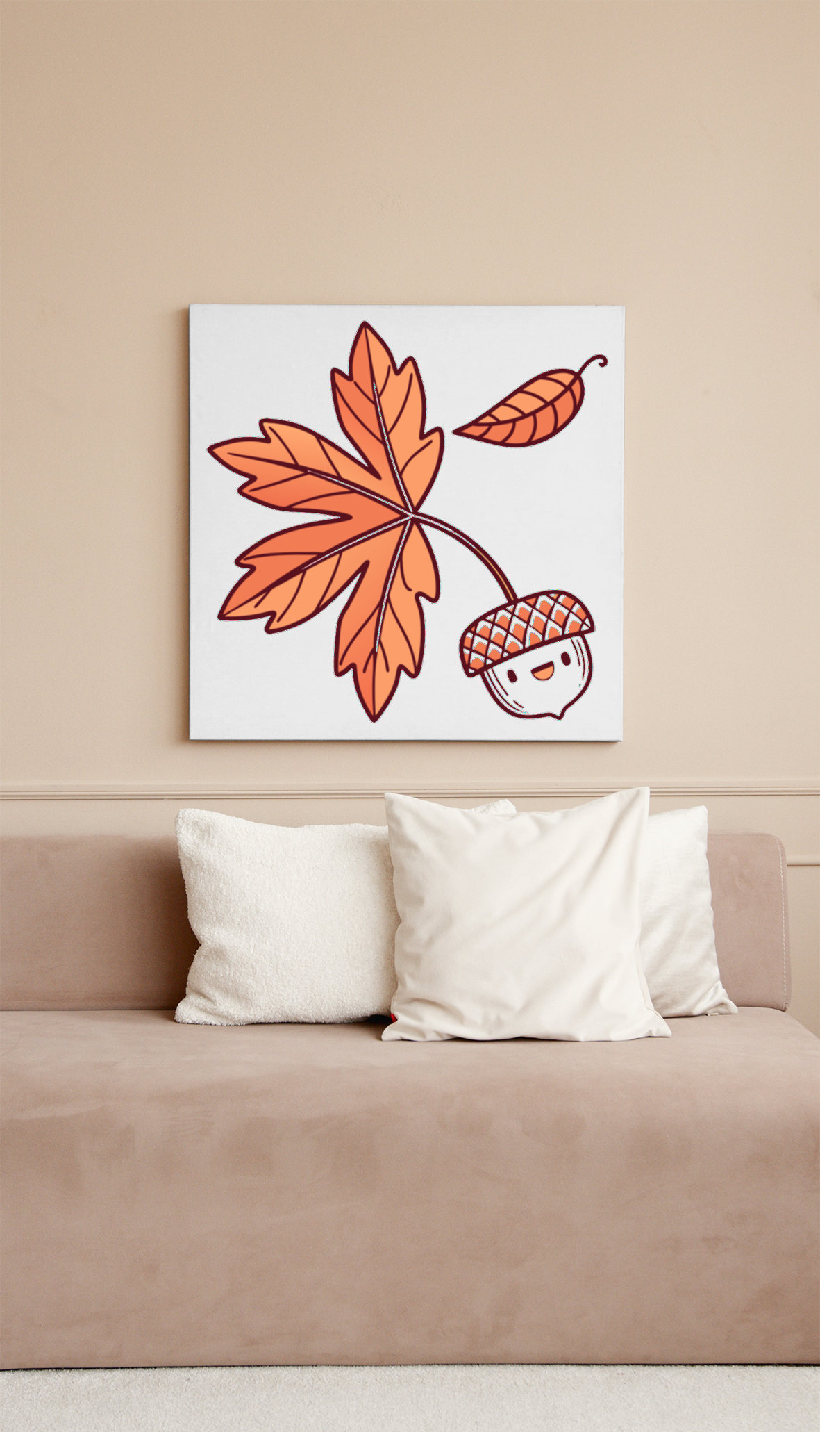 Cadre décoratif avec icône gland souriant style pastel sur thème forêt automnal
