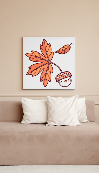 Cadre décoratif avec icône gland souriant style pastel sur thème forêt automnal