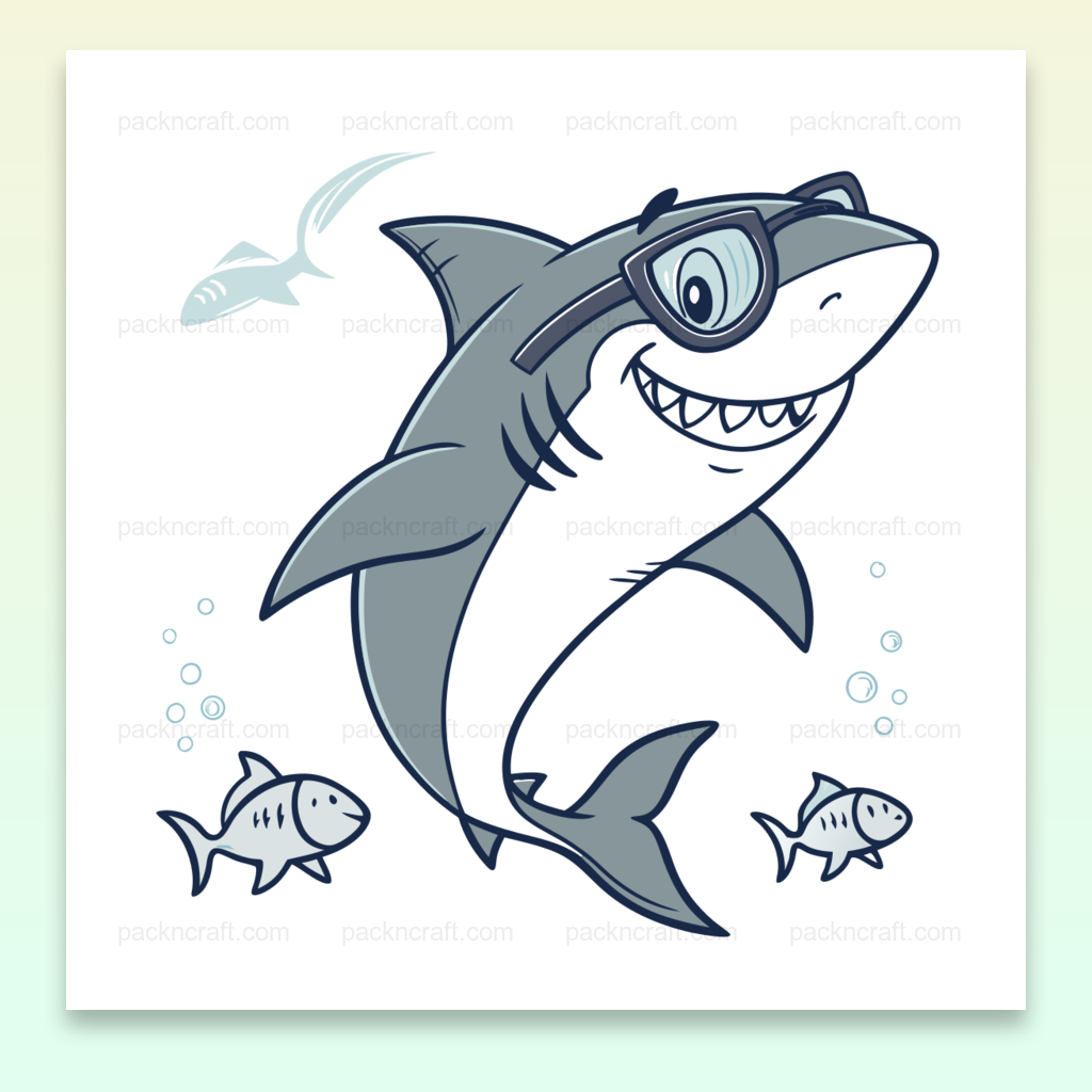 Illustration d'un requin souriant avec des lunettes de soleil, idéal pour créations marines.